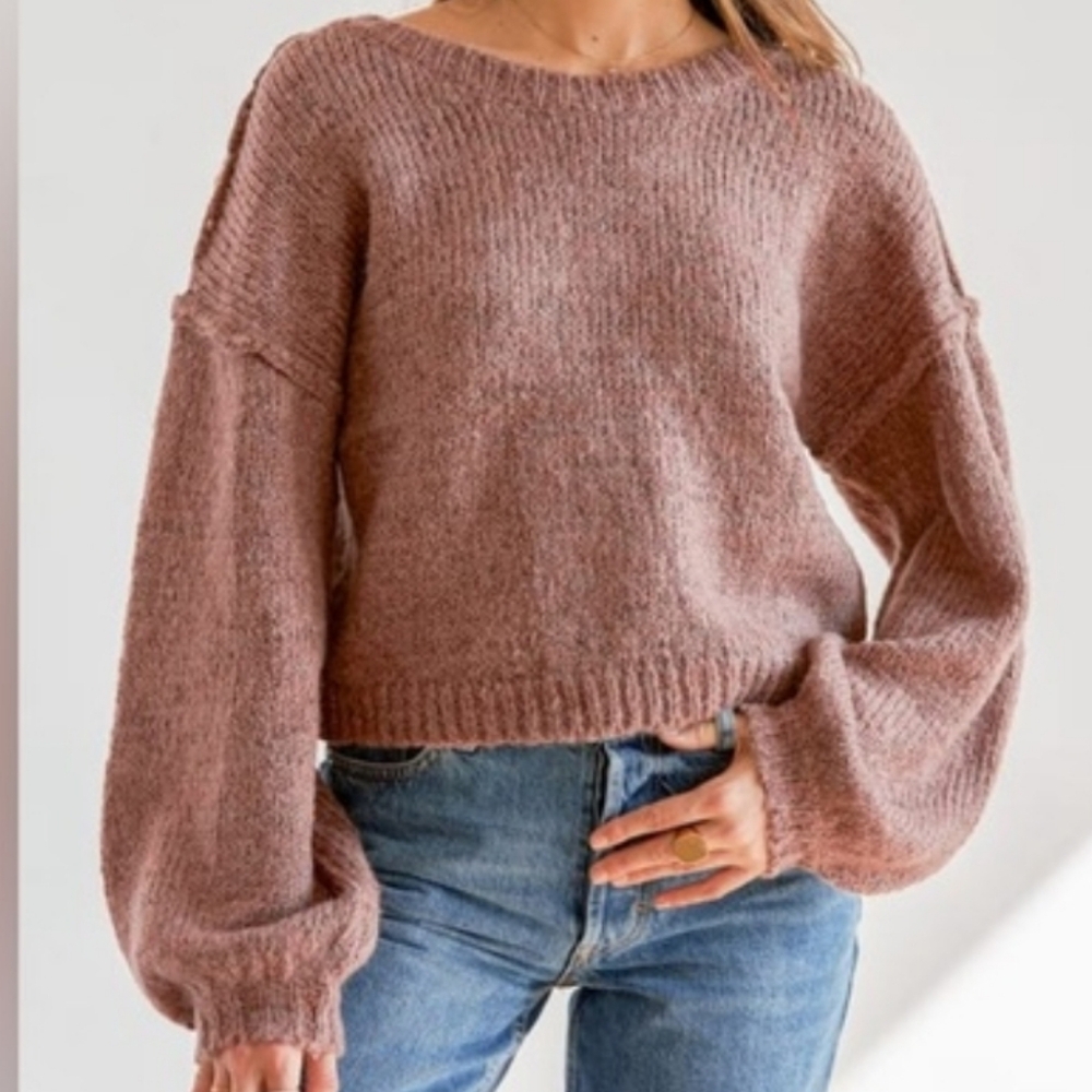 Lulus Always Together Mauve Purple Brown-ish Balloon Sleeve Sweater L Wide Neck